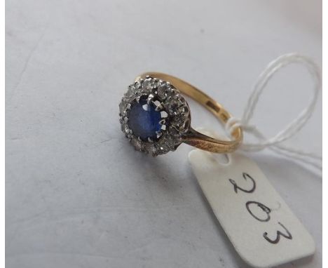 18CT GOLD SAPPHIRE AND DIAMOND  cluster ring approx size P      