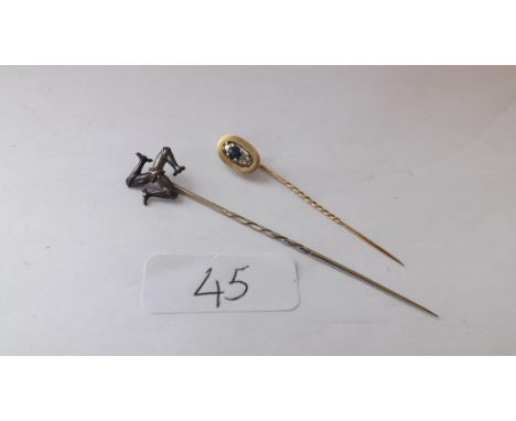 A gold mounted sapphire &amp; diamond stick pin and   another        