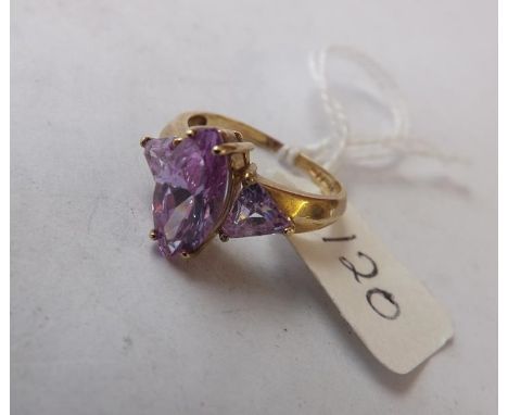 9ct amethyst three stone ring approx size L    