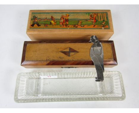 Two vintage pencil boxes together with a pen tray and a Winston Churchill bookmark 