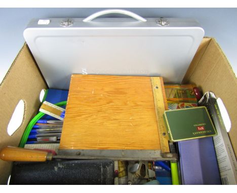 A vintage office guillotine together with stationary, artists' paints and pencils etc