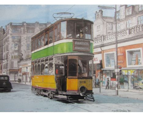 After Martin Conway (Contemporary) Car 108 Going West in Argyle Street, offset lithograph, framed, dated '85, 38 x 53 cm 