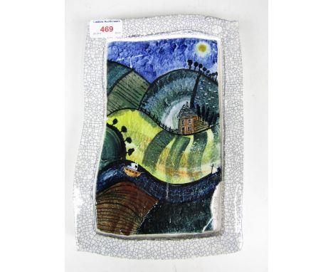 A ceramic picture by Paul Scott entitled Landscape with Turbine, dated 1994