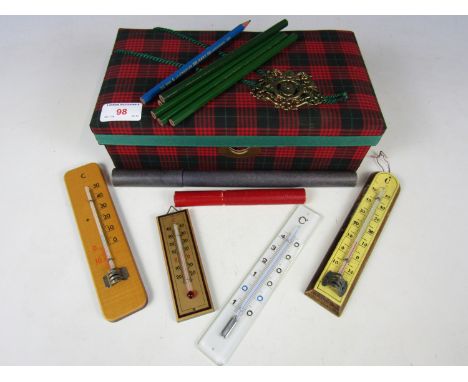 A quantity of vintage scientific and domestic thermometers and vintage pencils