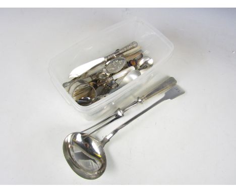 A monogrammed electroplate ladle together with a quantity of mother of pearl handled Victorian cutlery etc