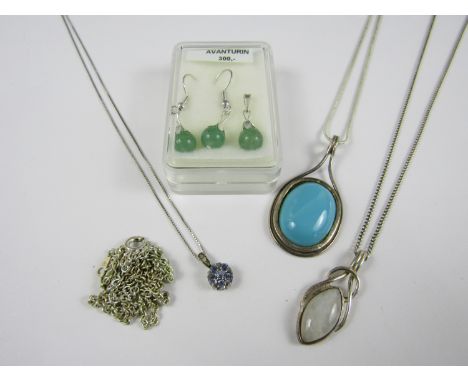 Contemporary silver jewellery, including a turquoise pendant necklace, an opal and sterling silver pendant necklace, a silver