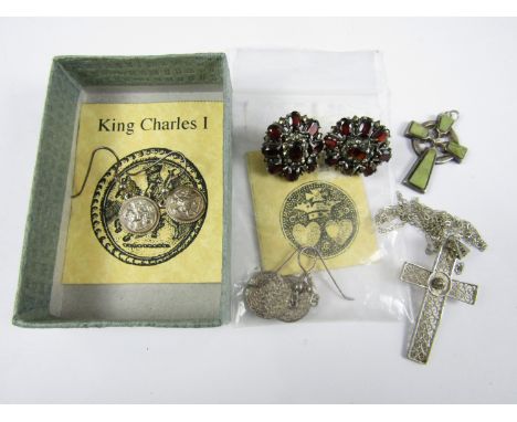 Vintage jewellery, including a silver and hardstone Celtic pendant cross, a filigree pendant cross, a substantial pair of whi