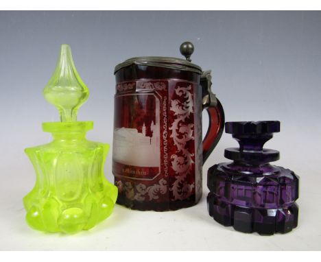 An etched ruby glass tankard, together with a blue scent bottle, and one other (a/f)