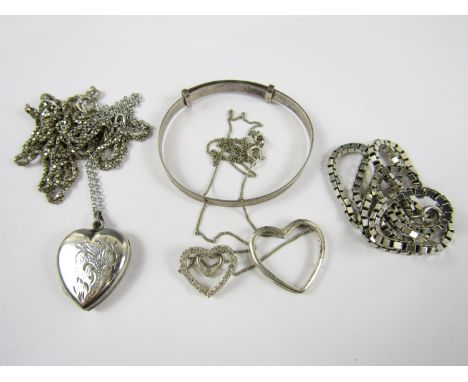 Vintage silver jewellery, including a heart shaped locket on chain, a concentric heart pendant, a baby's bangle, a box-link n