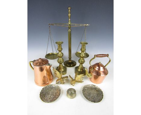 A quantity of copper and brass including a set of beam scales
