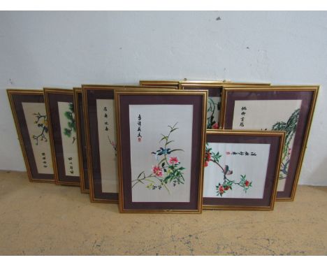 Ten vintage oriental embroidered silks depicting exotic birds