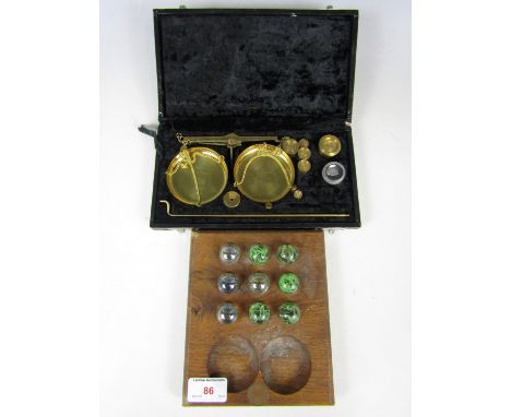 Cased brass scales together with a hand made naughts and crosses game