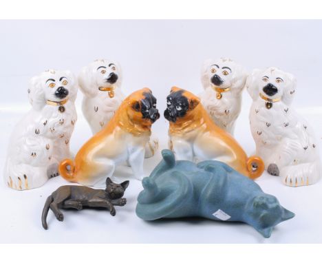 Two pairs of Beswick ceramic dogs, a pair of Pugs and two cat figures. Max. H20cm ** Please note change in description **Cond