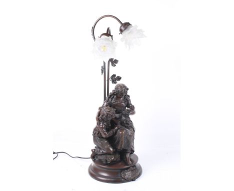 An early 20th century bronzed resin table lamp. Titled 'Confidence', featuring a young couple holding a nest of birds, the gl