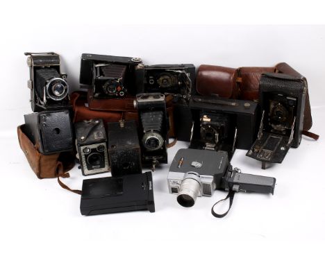 Collection of assorted vintage film cameras. Including a No. 3 Folding Brownie, Kodak No. 3 Aytographic model H and a Hasselb