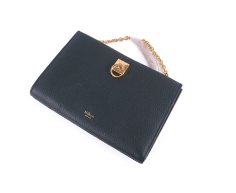 A Mulberry Iris wallet on chain handbag. Constructed of heavy grain leather in green, having gold coloured hardware and chain