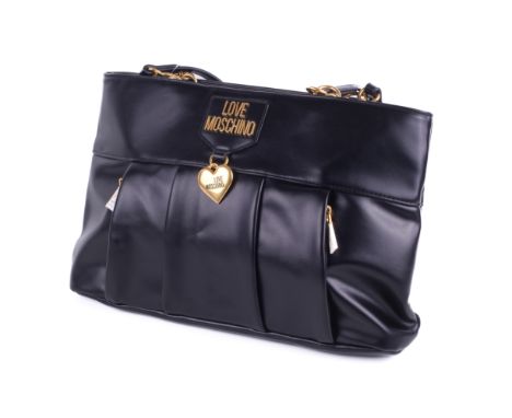 A Love Moschino handbag. The black leather bag with a gold hardware chain and decoration, the exterior with decorative pleats