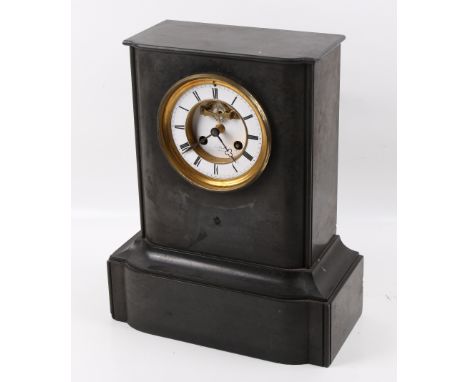 A French 19th century slate mantel clock. White enamel dial 'Valery, Paris', visible escapement, Roman numerals, striking to 