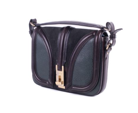 A Burberry 'Brickfield' shoulder bag. The satchel has a removable shoulder strap and constructed of green suede and green peb