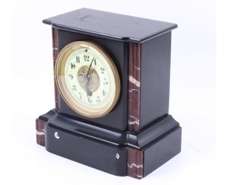 A Victorian slate and marble mantel clock. Maple & Co. Ltd, Paris mechanism #644, enamel dial, Arabic numerals, gilt metal be