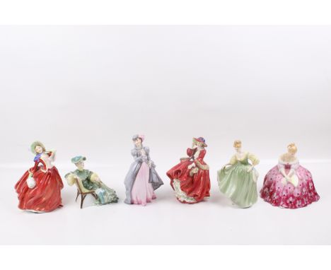 A group of six assorted china ladies. Including  Royal Doulton - Autumn Breezes HN 1934; Top o' the Hill HN 1834; Victoria HN