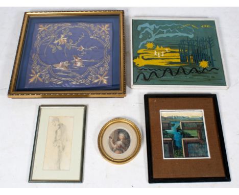 A collection of five assorted pictures. Including a pencil sketch, paintings and an embroidery, etc. Max. 53cm x 53cm, all fr