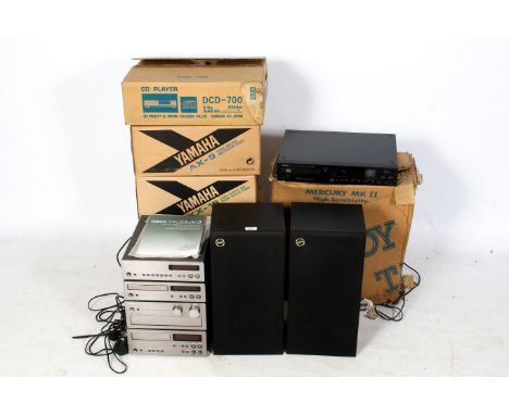 A collection of vintage hi fi music equipment separates. Including a pair Tannoy Mercury Mk II speakers, a Yamaha :- CDX-9 CD
