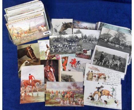 Postcards, a subject collection of 200+ cards of Hunting, Shooting, Horses, Dogs &amp; a few Cats, specifically Hunting with 