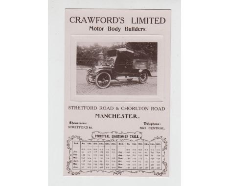 Postcard, Lancashire, Advertising, RP for Crawford's Ltd Motor Body Builders showing vintage Motor Car with perpetual lightin