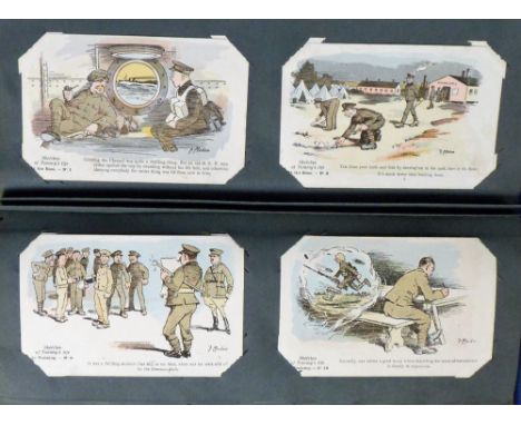 Postcards, a mixed subject collection of 90+ cards in vintage album inc. Sketches of Tommy's Life, (various series 40+), comi