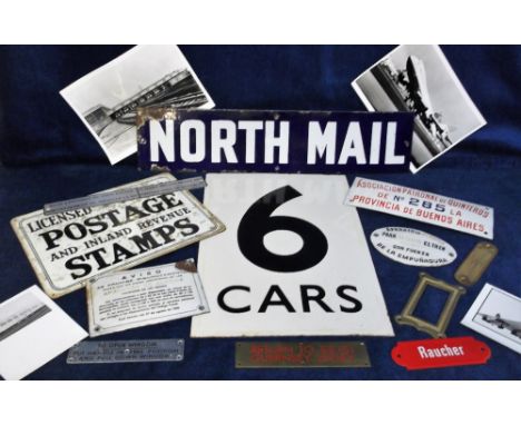 Collectables, a quantity of travel and transport related items to include 2 vintage enamel signs (North Mail, 6 Cars), 4 smal