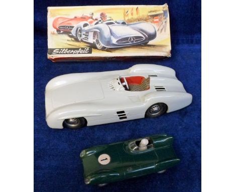 Toys / Motor Racing, a  Silberpfeil Mercedes Silver-Arrow tin plate friction model car, No 77, made in Western Germany, with 