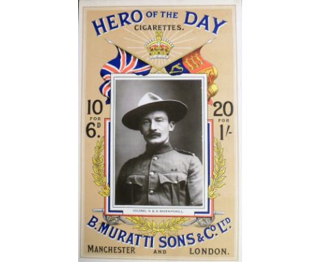 Tobacco advertising, B. Muratti Sons &amp; Co Ltd, advertising shop display card for 'Hero of the Day Cigarettes' with centra