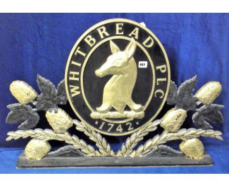 Breweriana, large vintage double sided black and 'gold' Whitbread PLC pub sign, approx 60cm x 83cm, showing the deer's head l