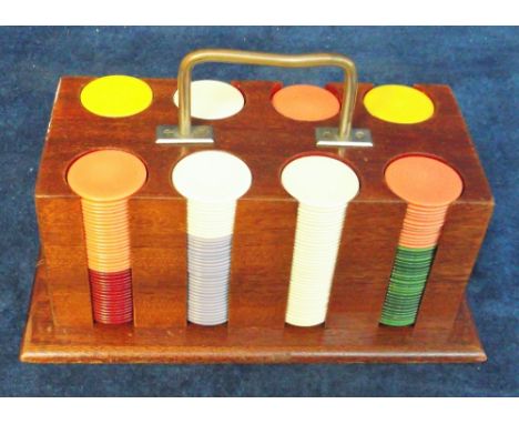 Collectables, a vintage wooden carrying box of approx 400 gaming counters in 6 different colours stacked in 8 columns. approx