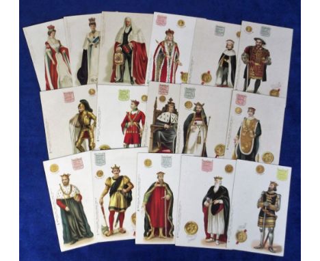 Postcards, R Tuck, Kings &amp; Queens of England chromo-litho undivided back cards, Series 614 (5) &amp; Series 615 (8) (gen 