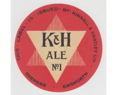 Beer label, Kinnell &amp; Hartley Ltd, Emsworth, K &amp; H Ale No 1, circular label, 75mm high (gd) (1)