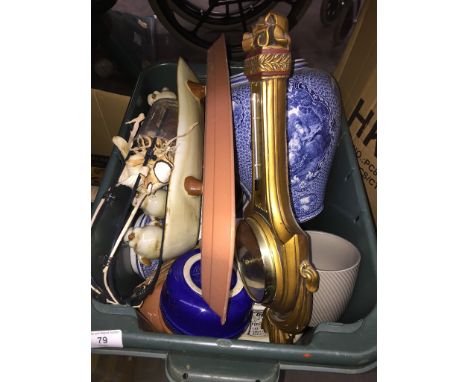 A box of ornaments, planters, vases, barometer, etc. 