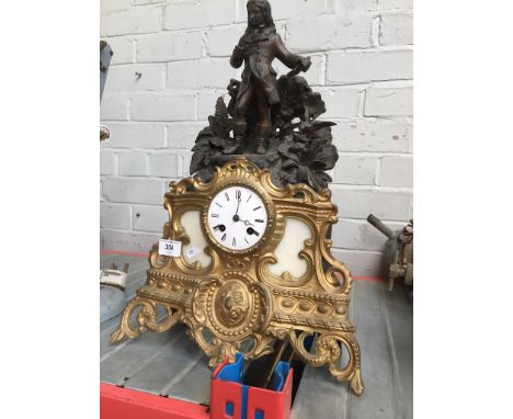 A French spelter mantel clock-Mechanically operated.-2 pieces, top section bonded on.-No pendulum or key.-Back legs added lat