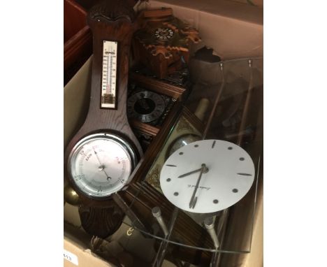 A box of clocks, cuckoo clocks, barometer, etc. 