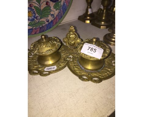 Vintage brass Art Nouveau double inkwell with glass wells 