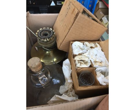 A box of misc to include kitchen scales, demijohn, drinking glasses, sherry glasses and a parafin lamp - no funnel 