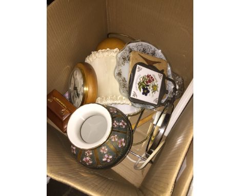 A box of misc, pottery, 2 clocks, table lamp, bathroom mirror, multiple socket gang plug, etc. 