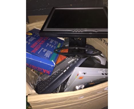 A box of PC items to include monitor, keyboard, speaker, cables, fax machine and 2 car radios. 