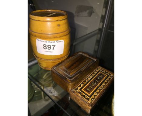 Mauchlin ware barrel money box, olivewood snuff box and parquetry matchbox 