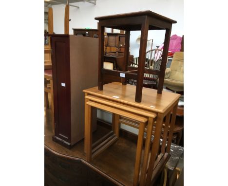 A cd cupboard, nest of tables, small oak table and pair of folding chairs 