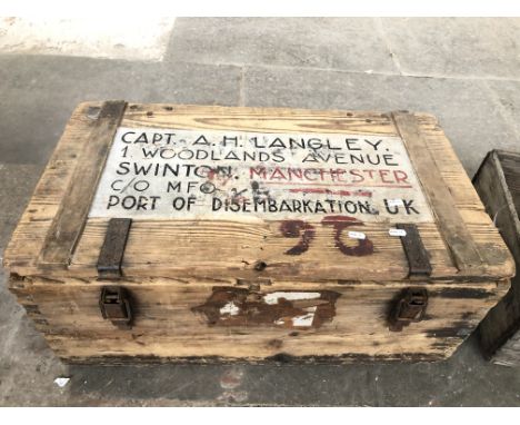 A vintage pine army officer's box with painted label - 'Capt. A. H. Langley, 1, Woodlands Avenue, Swinton, Manchester, C/O MF