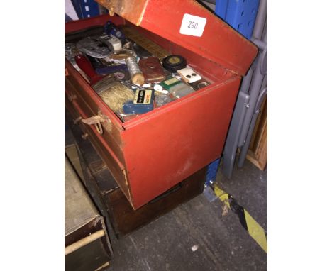 A wooden box of tools, hammers, etc, and a multidrawer metal cabinet with tools. 