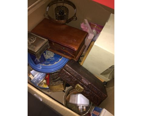 A box of misc to include jewellery boxes, leather, brass, some with contents, some emtpy, gift sets, haberdashery items and a