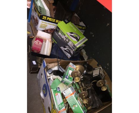 3 boxes of misc items to include washboard, stool, small suitcase, household items, kitchenware, candle holders, glass item, 